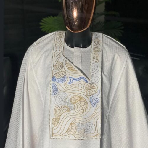 Spiral Blue & Gold Embroidery Details Men Agbada Set