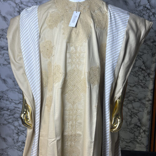 BEIGE FULL HAND KNITTING AGBADA SET